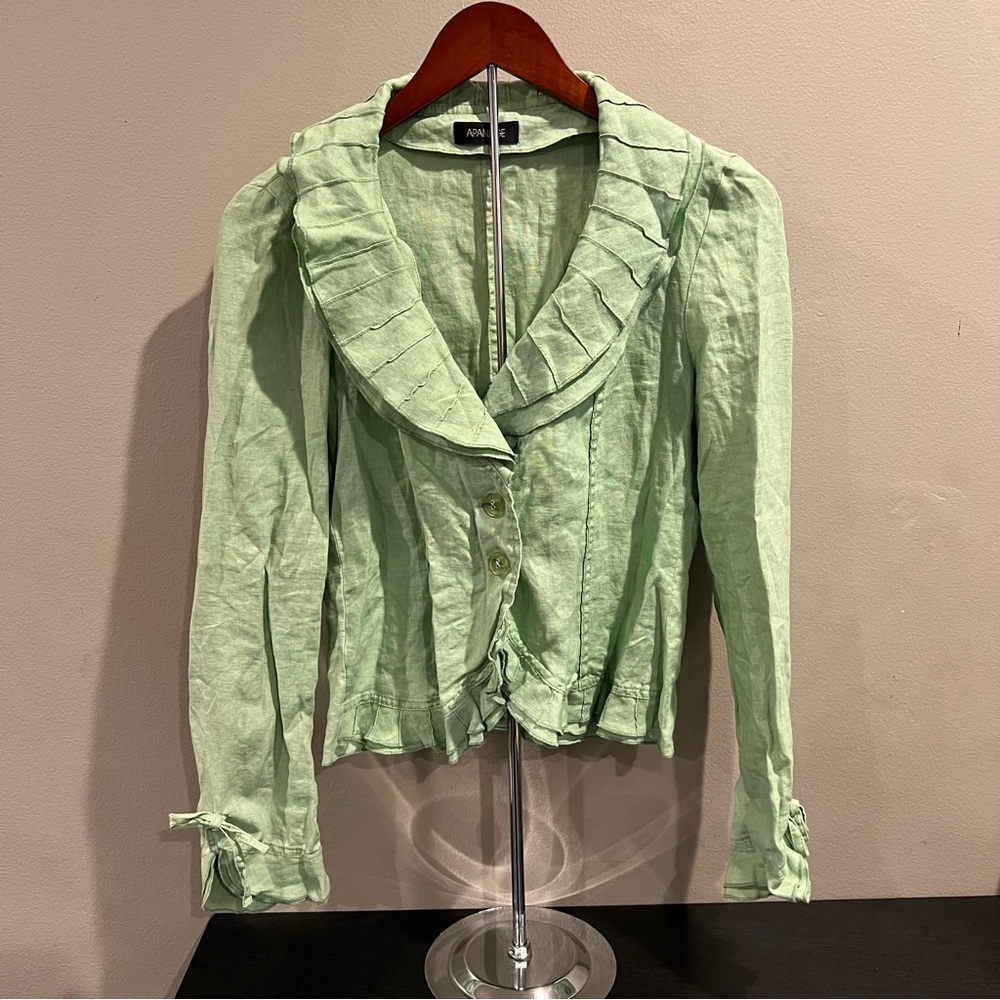 Women’s Apanage Boho Loose Flax Linen Jacket Green Ruffle Blazer Cardigan Flow M